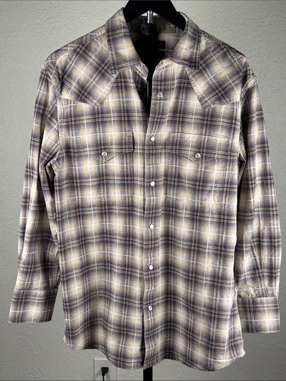 Banana Republic Brown and Cream Plaid Button-Down Western Shirt size Medium